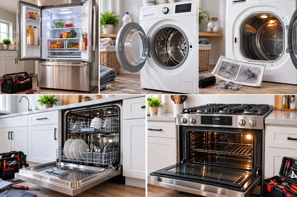 Collage of appliance repair services — refrigerator, washer, dryer, dishwasher, oven and stove