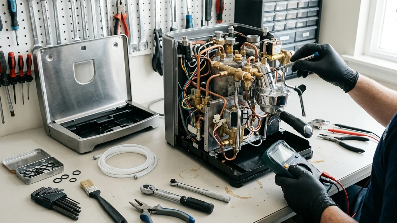 Licensed Technician Diagnosing and Repairing Internal Mechanics of an Espresso Machine with Precision Calibrated Tools