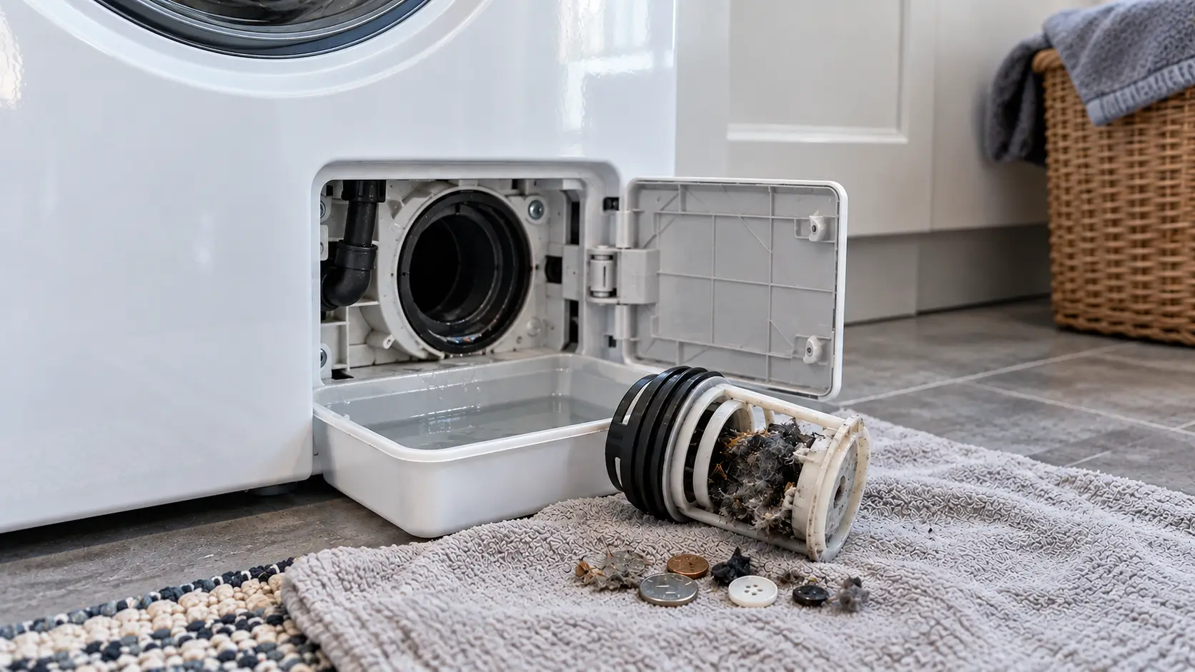 Blocked washing machine drain filter with debris and standing water